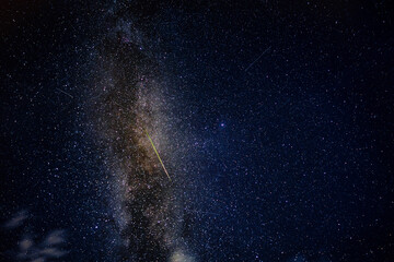 Milky Way galactic core with a bright green meteor, deep sky astrophotography © Earthly Shots