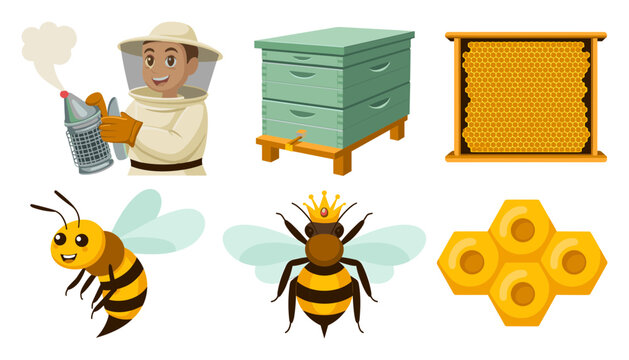 Professional Beekeeping Icon Set with Beekeeper Smoker Hive Frame Queen Bee and Honeycomb Symbols for Organic Farming