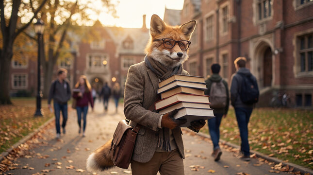 Fox reading in park, creative anthropomorphic lifestyle scene showing animal welfare, responsible care, wellbeing, humane values, education, community awareness, supporting responsible care education