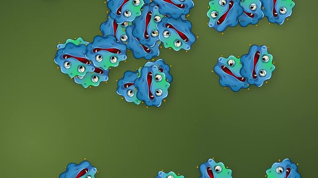 Animated Cartoon Germs Falling Over a Green Mesh Background