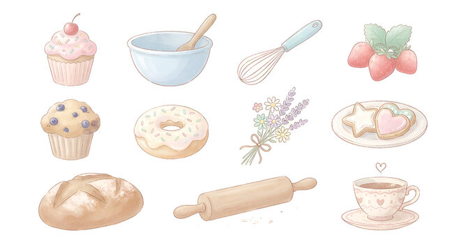 Cute hand-drawn bakery elements featuring cupcakes, donuts, bread, cookies, strawberries and baking tools in a soft pastel style