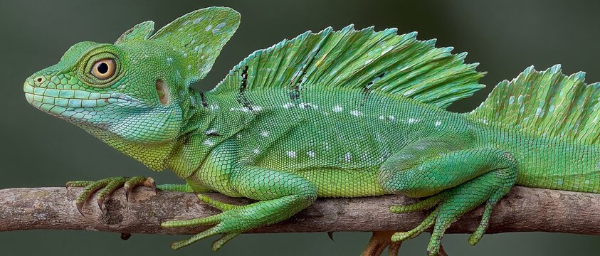 A bright green basilisk lizard perches on a brown branch against a blurred background.