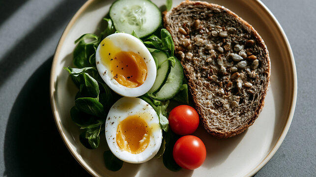 Healthy breakfast plate with softboiled eggs, fresh salad greens, sliced cucumber, cherry tomatoes, and a slice of wholegrain seed bread