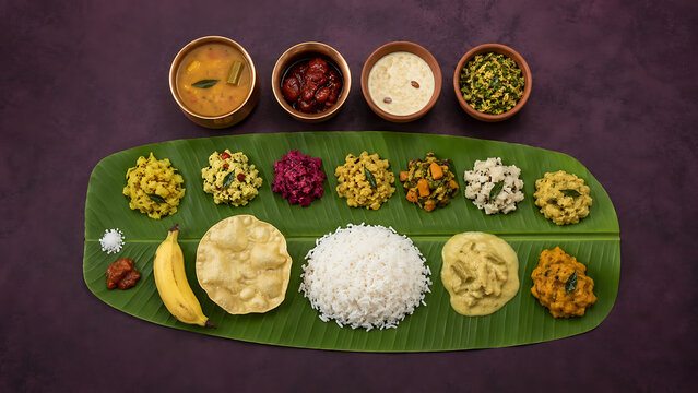Amazing traditional vegetarian feast served on fresh green banana leaf for happy onam the most delicious south indian festival in kerala tradition