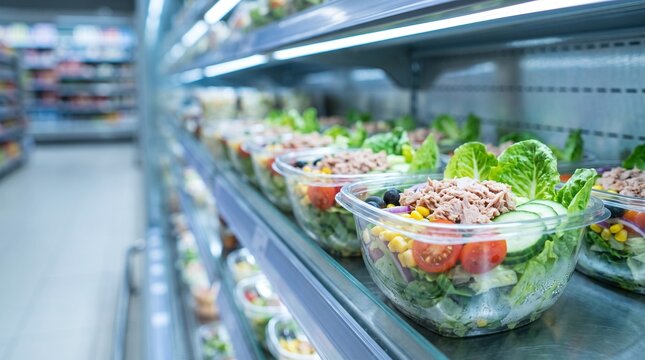 A row of pre packaged fresh salads with tuna corn tomatoes cucumber and lettuce displayed on shelves