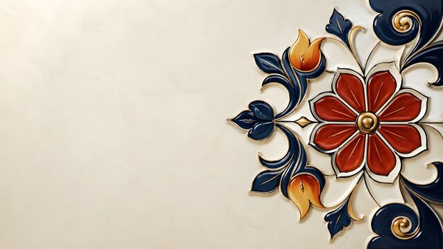 Partial traditional ceramic floral medallion on cream background