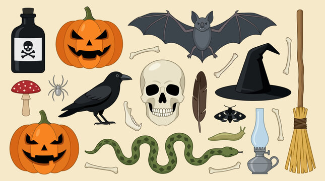 Spooky Halloween and Witchcraft Vector Icon Set with Pumpkins, Skull, Bat, and Raven