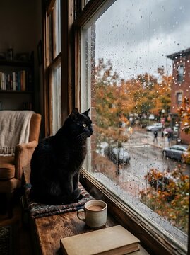 Cozy black cat sitting by rainy window with coffee and book, autumn street view through wet glass pane, moody indoor scene with feline pet looking at fall foliage and raindrops