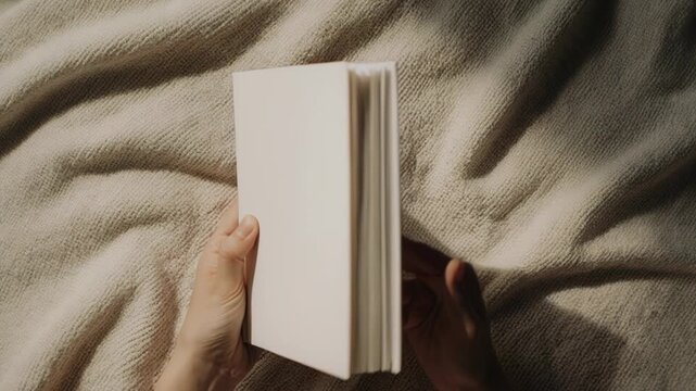 Hands of a person holding a blank book above a textured blanket, showcasing the gradual movement and positioning of the book in a cozy indoor setting