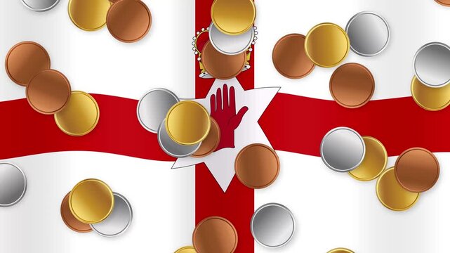 Falling Gold Silver and Bronze Coins Over Waving Northern Ireland Flag