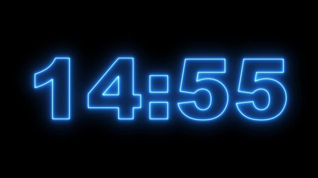 glowing neon 15 minute Countdown timer. neon 15 to 14 minute Countdown timer on black background. 1 minute countdown timer on a black background. 4k video