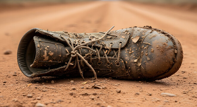 An old muddy work boot lies abandoned in the middle of a dusty dirt road, symbolizing a long journey and travel