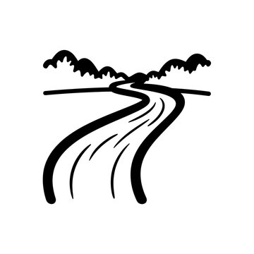 Winding river vector landscape with distant mountain peaks