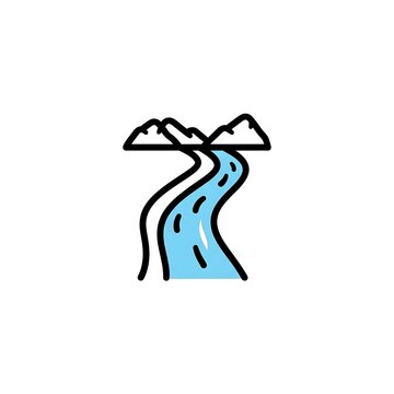 Winding blue river vector flowing from mountains icon