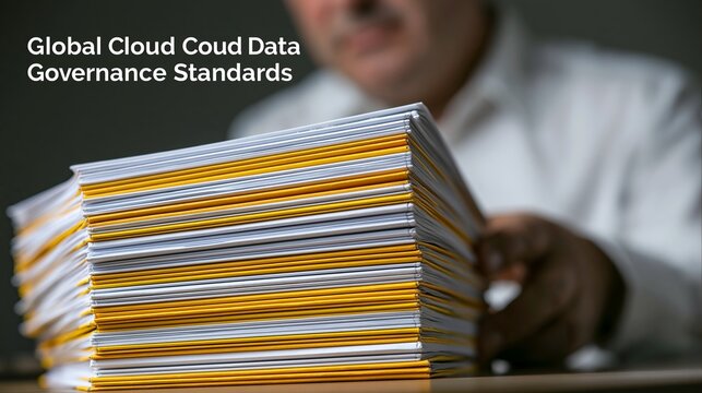 Stacked professional paper documents featuring yellow dividers held by a focused businessman wearing a formal crisp white button down shirt