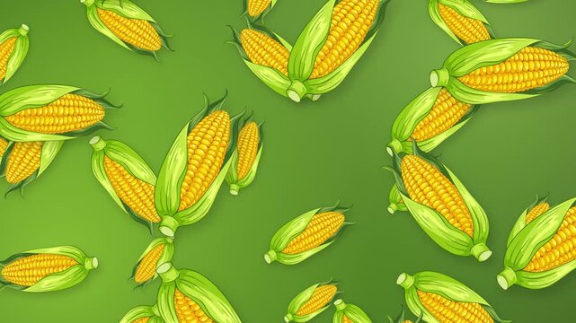 Falling Corn Cobs Animation on Green Mesh Background