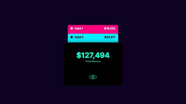 Digital finance interface showing total balance and credit card account details