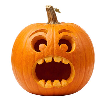 A spooky jack o lantern carved pumpkin for halloween decoration featuring an orange pumpkin isolated on transparent background for design projects