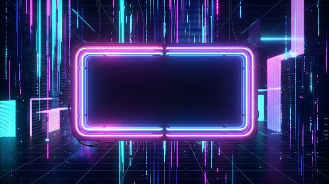 Neon glowing rectangular frame on digital cyber background for signage