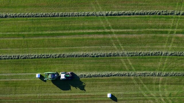 Aerial view of a tractor baling hay in a green field with rows of cut grass in Rangarthing ytra, Iceland.