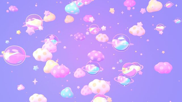 Fly through dreamy bubble planets in the sky animation. (loop)