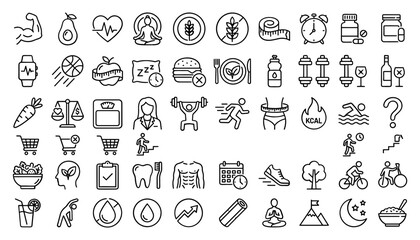 Healthy Lifestyle and Fitness Training Thin Line Icon Set with Nutrition Dieting, Gym Workout, Mental Wellness, and Weight Loss Treatment Symbols for Applications © Salina