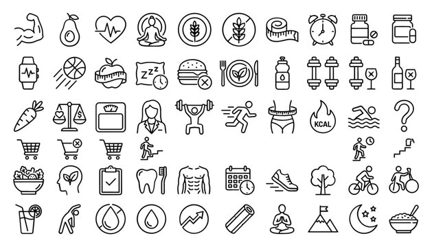 Healthy Lifestyle and Fitness Training Thin Line Icon Set with Nutrition Dieting, Gym Workout, Mental Wellness, and Weight Loss Treatment Symbols for Applications