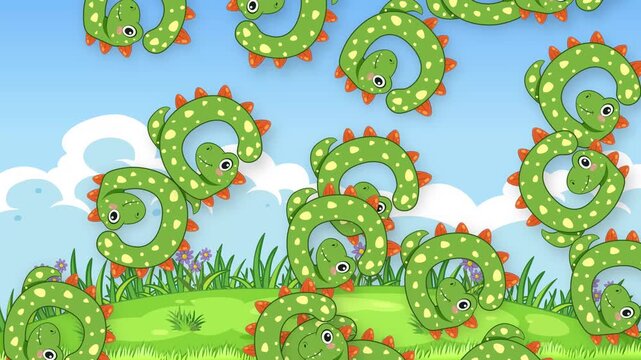 Cartoon Green Dinosaurs Falling Over a Sunny Grassy Hill Background