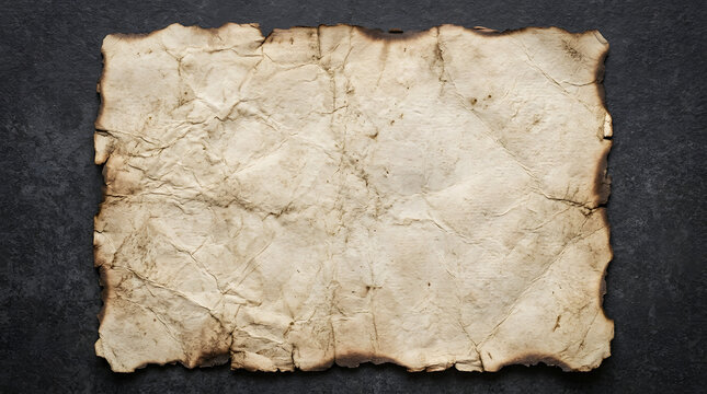Vintage paper sheet with burnt edges on dark slate stone background