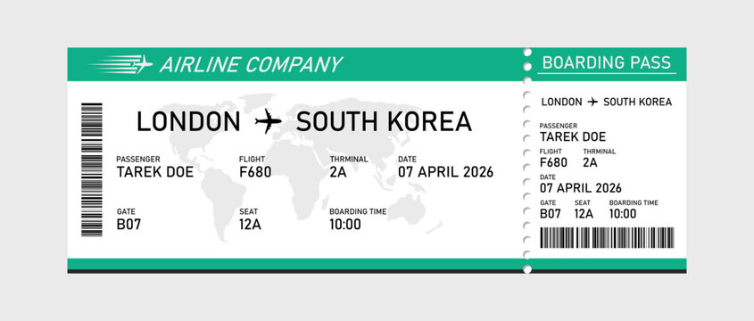 Green and white airline boarding pass template for a flight from london to south korea with map barcode, and flight details