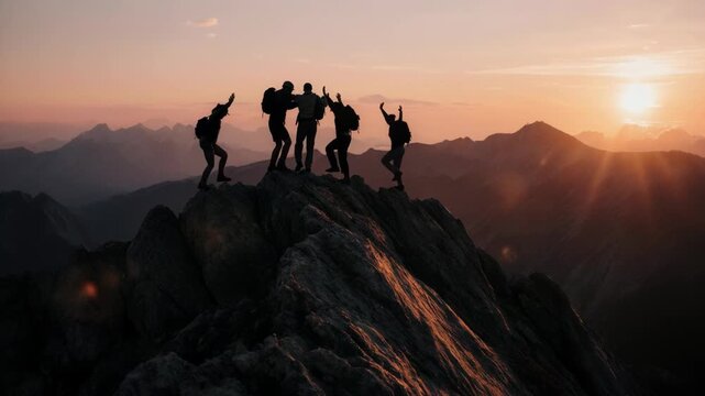 Group of five hikers celebrating on mountain peak at sunset, raising arms in triumph against a backdrop of distant mountains and a colorful sky
