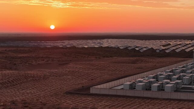 Aerial View of Utility-Scale Solar Farm with Battery Energy Storage System in Arid Desert