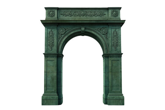 Wide green stone archway with ornate carved columns and decorative top frieze