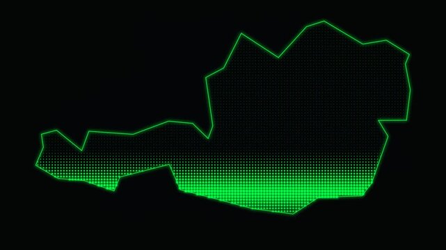 Digital green outline of Austria map, glowing neon radar style geographic border, futuristic tech map of Austria on black background