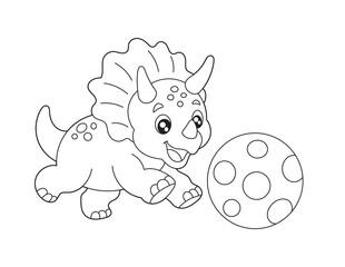 Triceratops Chasing a Ball Coloring Page for Kids. Simple Black and White Dinosaur Sports Illustration. © laky