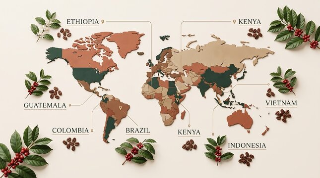 World map illustrating major coffee-producing countries with coffee plants and beans.