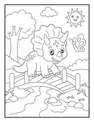 Baby Triceratops Crossing a Bridge Coloring Page for Kids. Simple Black and White Dinosaur Nature Illustration. © laky