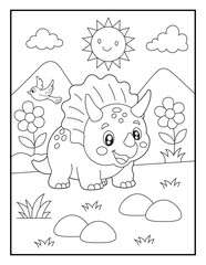 Happy Baby Triceratops Coloring Page for Preschool and Kindergarten Kids. Simple Black and White Illustration. © laky