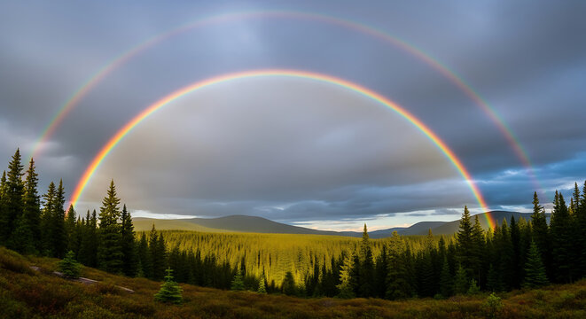 Double rainbow arching over vast evergreen forest landscape under dramatic stormy clouds