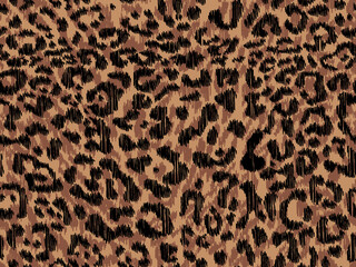 Seamless leopard print pattern with ikat effect, classic brown sketched animal skin texture for fashion and textile design © SUNAKKO