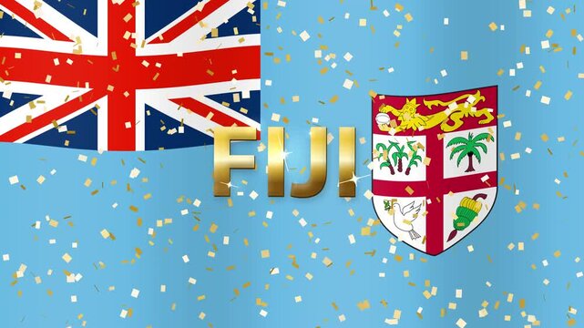 Waving Fiji Flag with Golden Confetti and 3D Text Animation