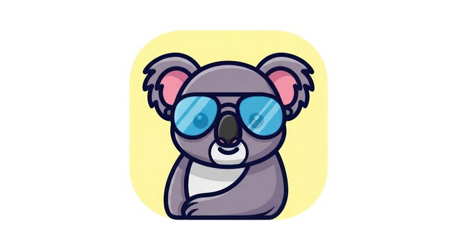 Cute cartoon koala wearing blue sunglasses, funny animal illustration, adorable character for kids, isolated on yellow background