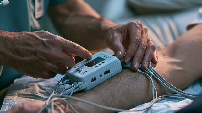 Close-Up of Healthcare Worker Attaching Portable ECG Holter Monitor Device to Patient in Hospital