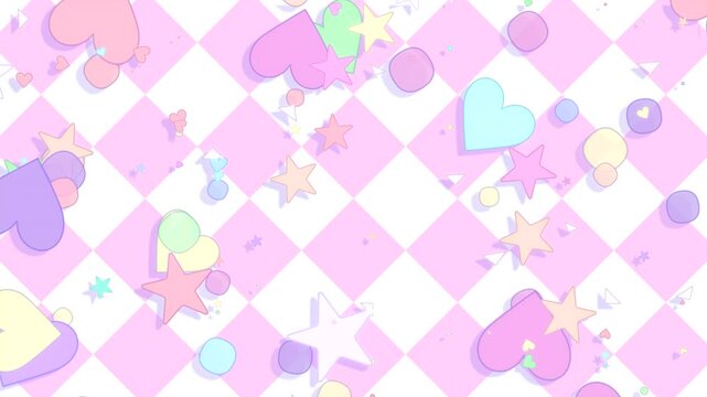Colorful hearts, circles, and stars flying up against pink checkered background animation. (loop)