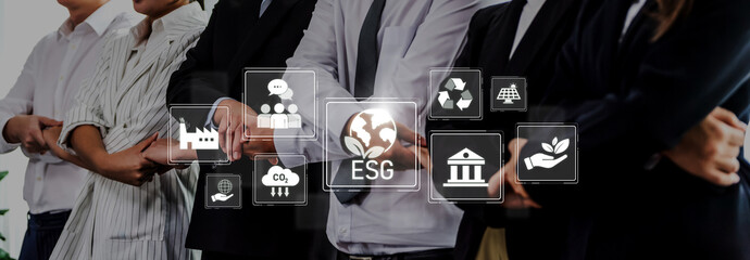A diverse group of professionals stands together, symbolizing unity and commitment to ESG principles, integrating sustainability and social responsibility in business efforts. Trope © InfiniteFlow