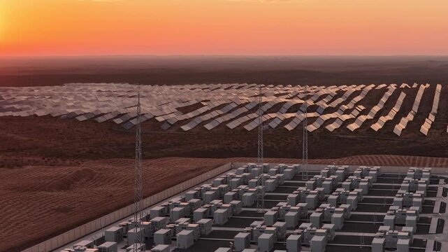 Aerial View of Utility-Scale Solar Farm with Battery Energy Storage System in Arid Desert