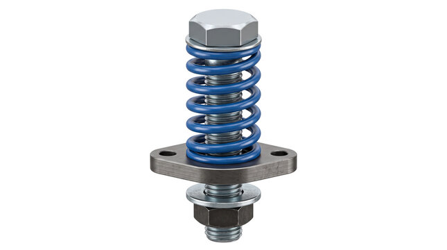 Industrial blue coil spring with steel bolt assembly, mechanical suspension component, heavy duty metal hardware for engineering