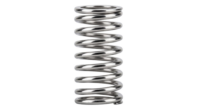 Industrial steel coil spring, polished chrome metal compression spring, mechanical hardware component on white background
