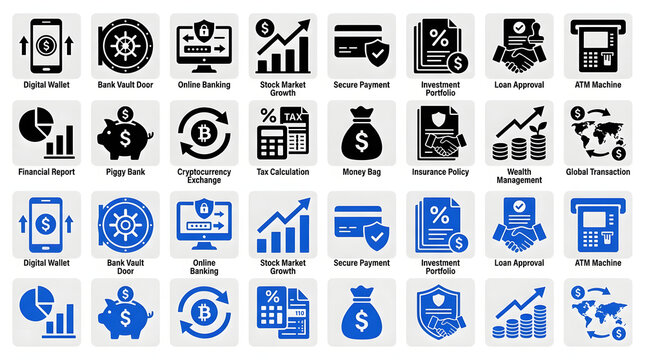 Set of professional financial and banking icon collection for business
