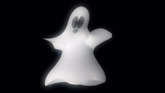 Animated white ghost character dancing on black background with glowing ethereal effect. Spooky spirit figure moving rhythmically for Halloween party celebration. Alpha channel.